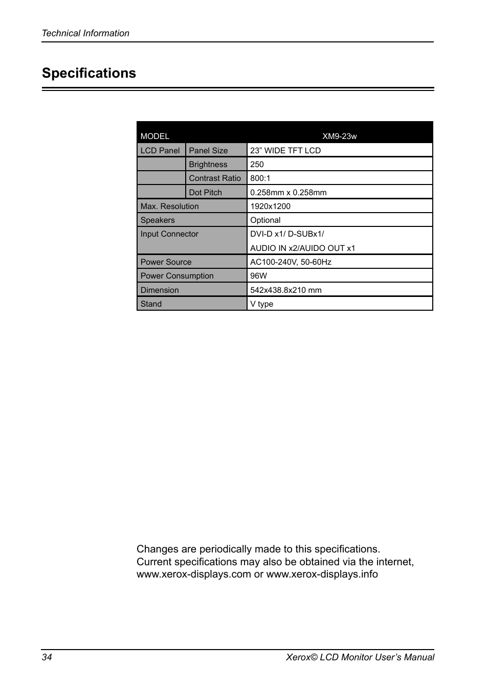 Speciﬁcations | Proview XM9-23w User Manual | Page 35 / 36