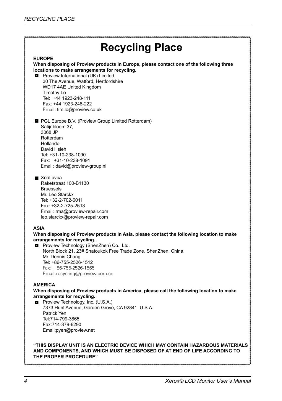 Recycling place | Proview XM9-23w User Manual | Page 5 / 36