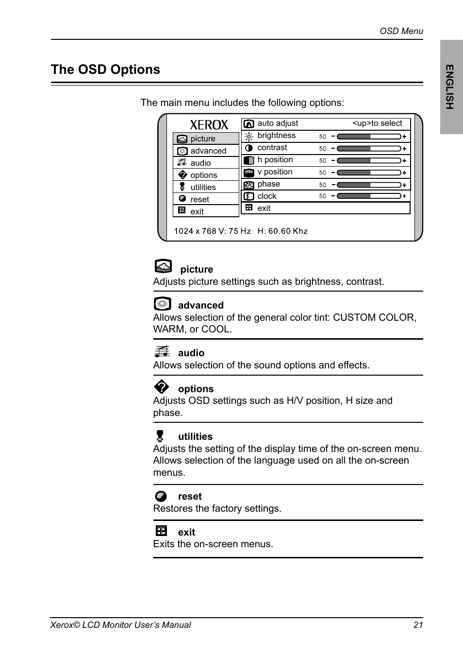 The osd options | Proview XM7-19w User Manual | Page 22 / 35