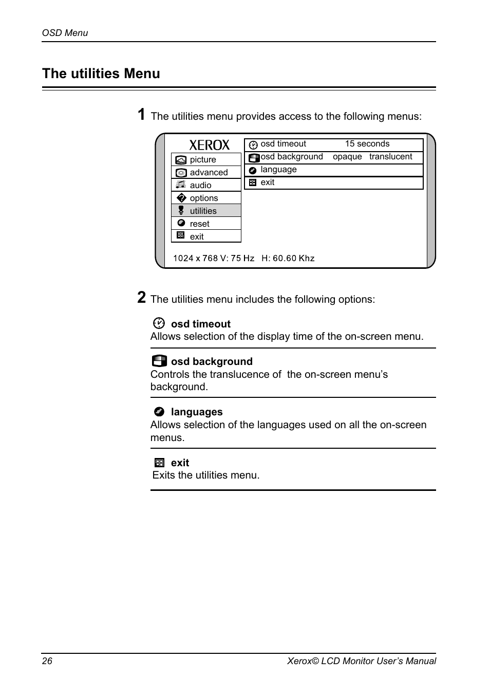 The utilities menu | Proview XM7-19w User Manual | Page 27 / 35