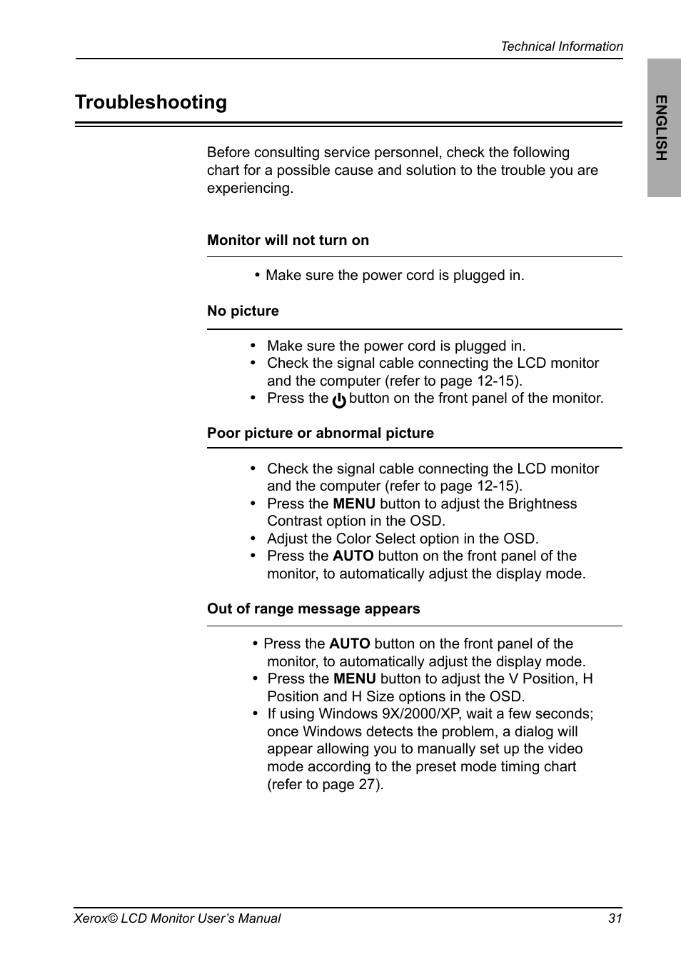 Troubleshooting, Speciﬁcations | Proview XM7-19w User Manual | Page 32 / 35