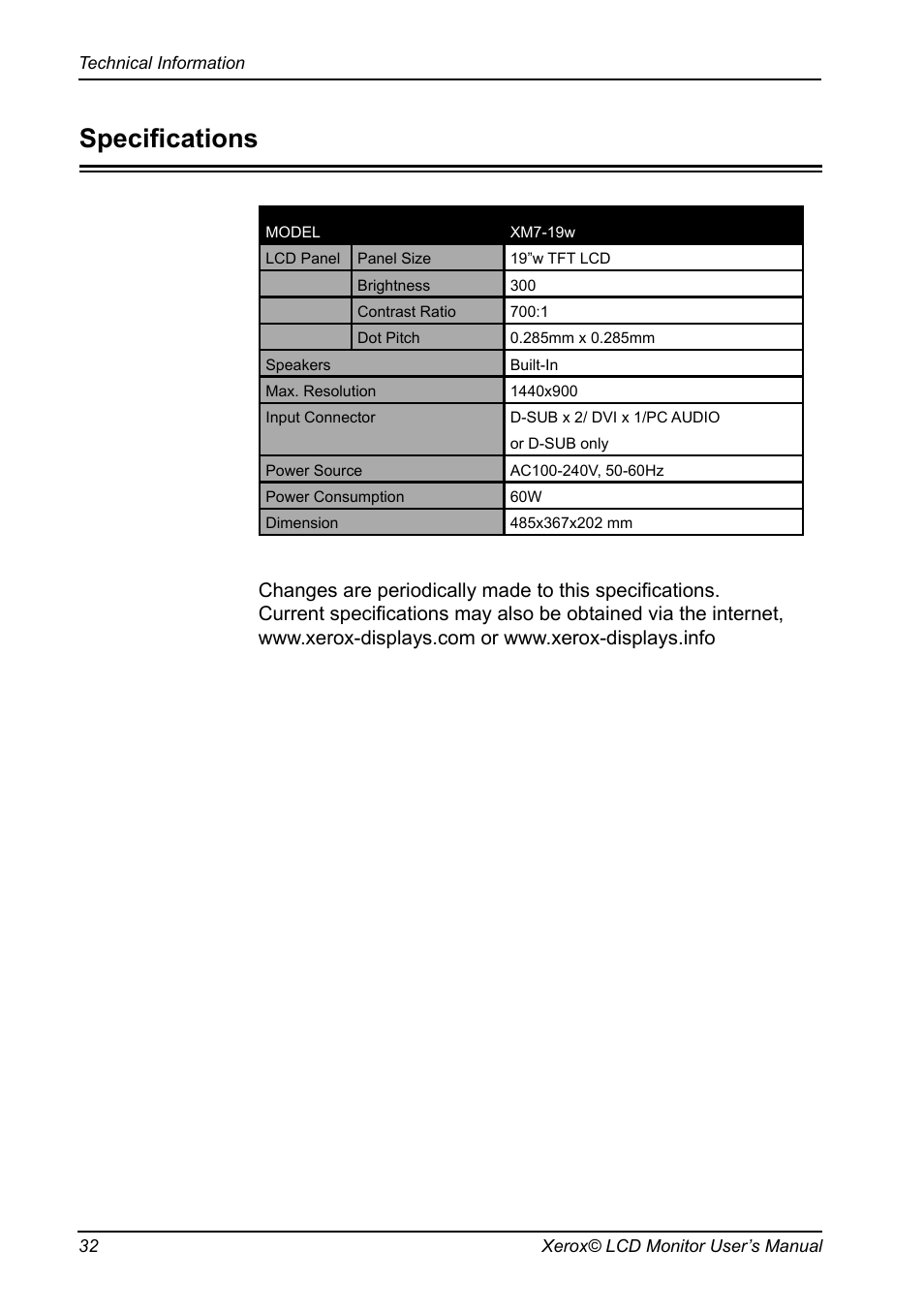 Speciﬁcations | Proview XM7-19w User Manual | Page 33 / 35