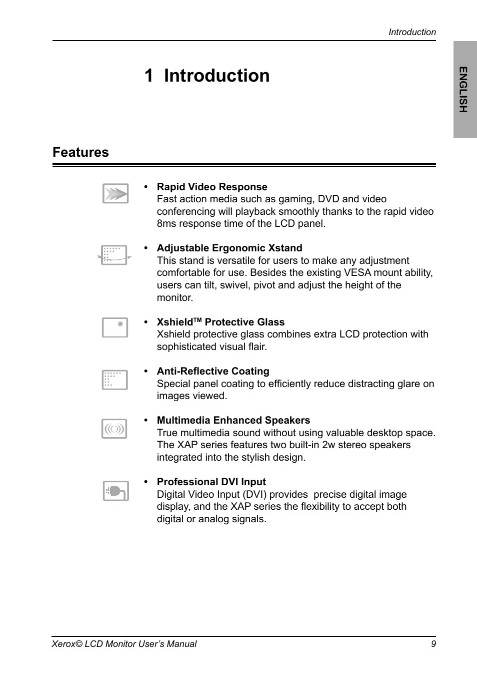 Chapter 1, Introduction, 1 introduction | Features, 9xerox© lcd monitor user’s manual introduction | Proview XAP series User Manual | Page 10 / 32