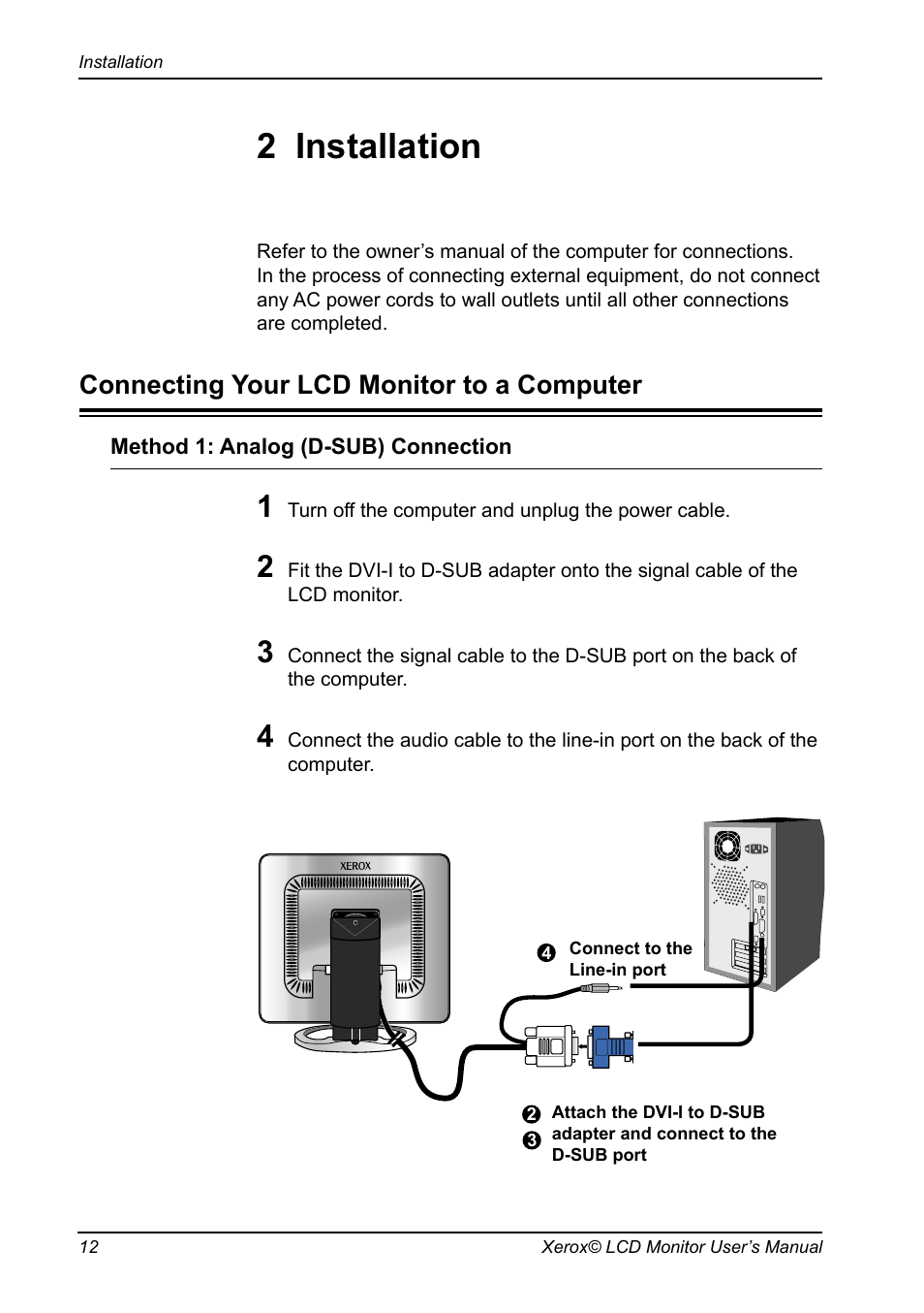 Chapter 1, Introduction, Installation | Connecting your lcd monitor to a computer, 2 installation | Proview XAP series User Manual | Page 13 / 32