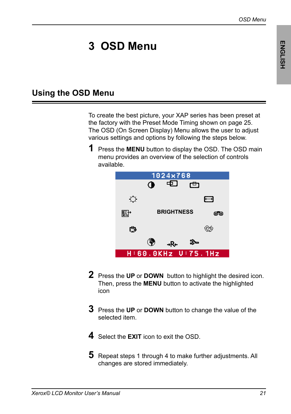 Chapter 3, Osd menu, Using the osd menu | 3 osd menu | Proview XAP series User Manual | Page 22 / 32