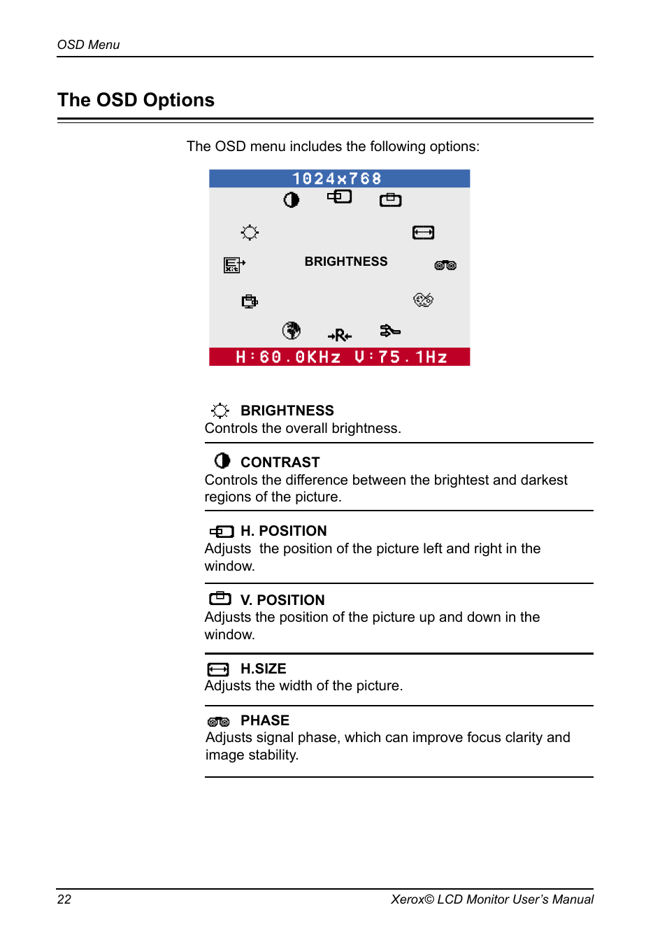 The osd options | Proview XAP series User Manual | Page 23 / 32