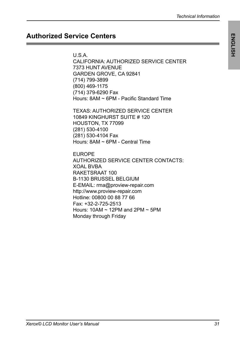 Authorized service centers | Proview XAP series User Manual | Page 32 / 32