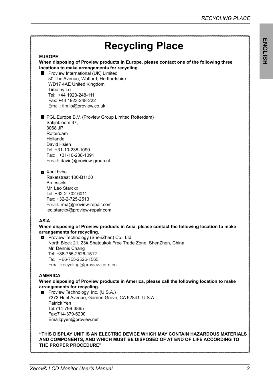 Recycling place, English | Proview XAP series User Manual | Page 4 / 32