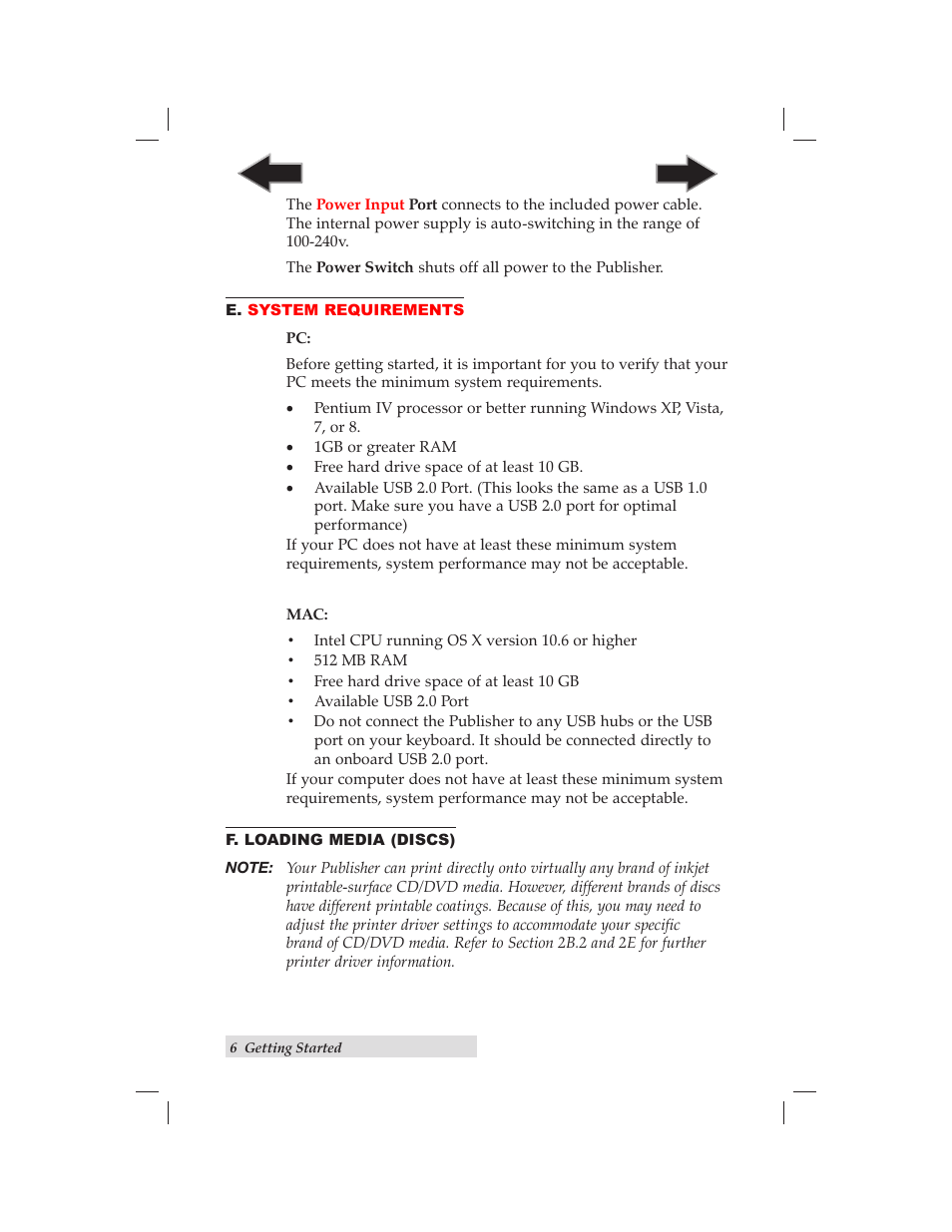 E. system requirements, F. loading media, Loading media | Primera Technology BRAVO 091211-511276 User Manual | Page 10 / 60