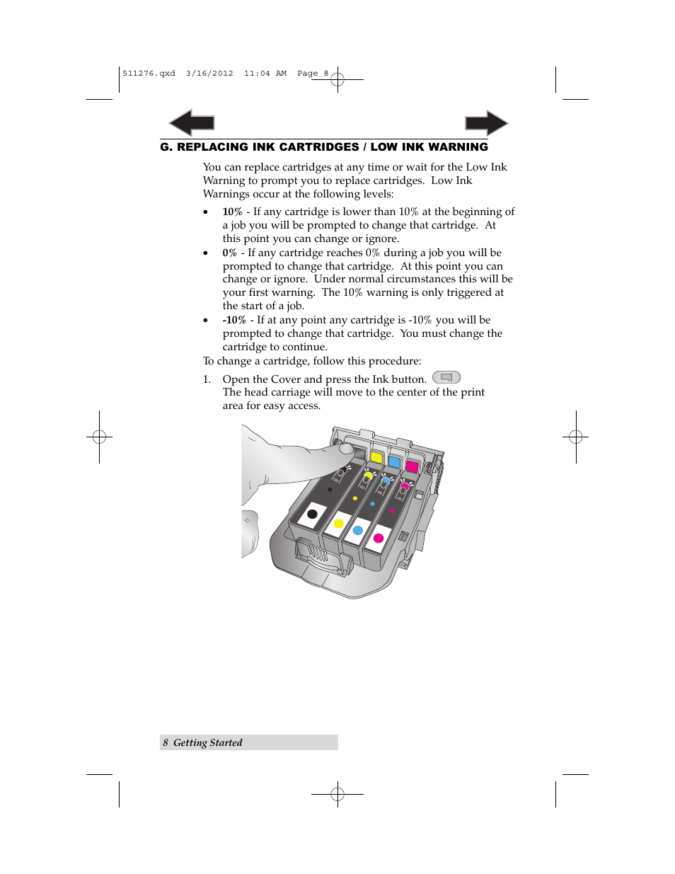 G. installing ink cartridges | Primera Technology BRAVO 091211-511276 User Manual | Page 12 / 60