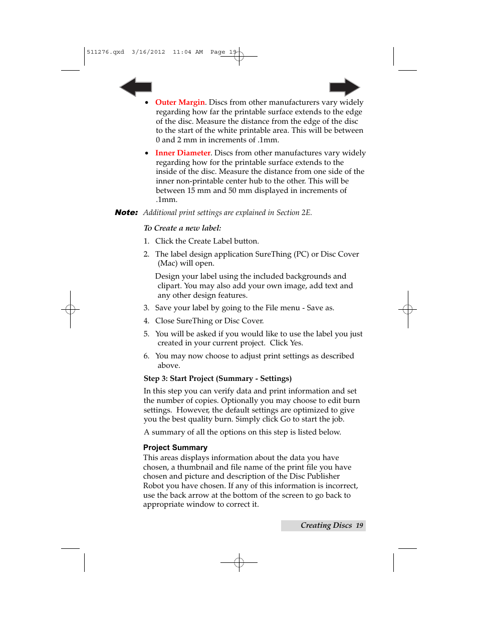 Step 3. start project, Step 3, Start project | Summary - settings) | Primera Technology BRAVO 091211-511276 User Manual | Page 23 / 60