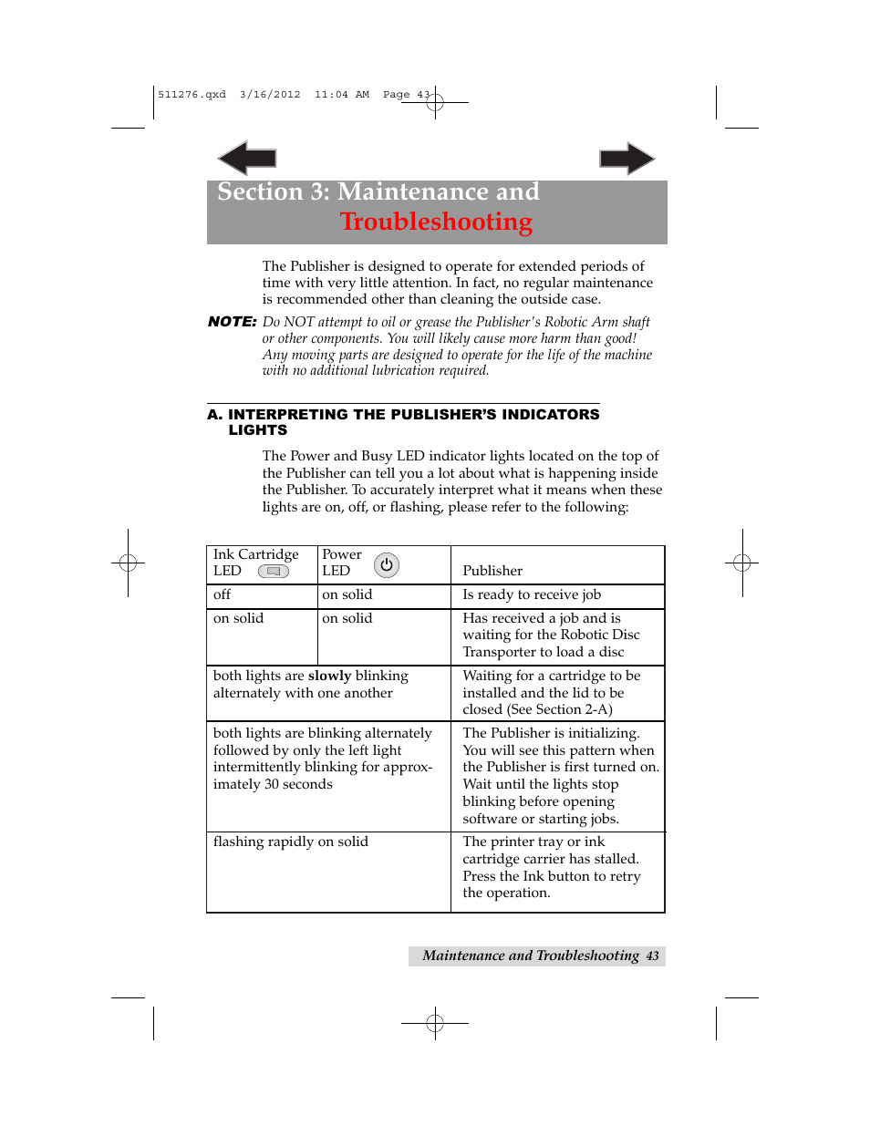 Section 3: maintenance and troubleshooting, A. interpreting the publisher’s indicator lights | Primera Technology BRAVO 091211-511276 User Manual | Page 47 / 60