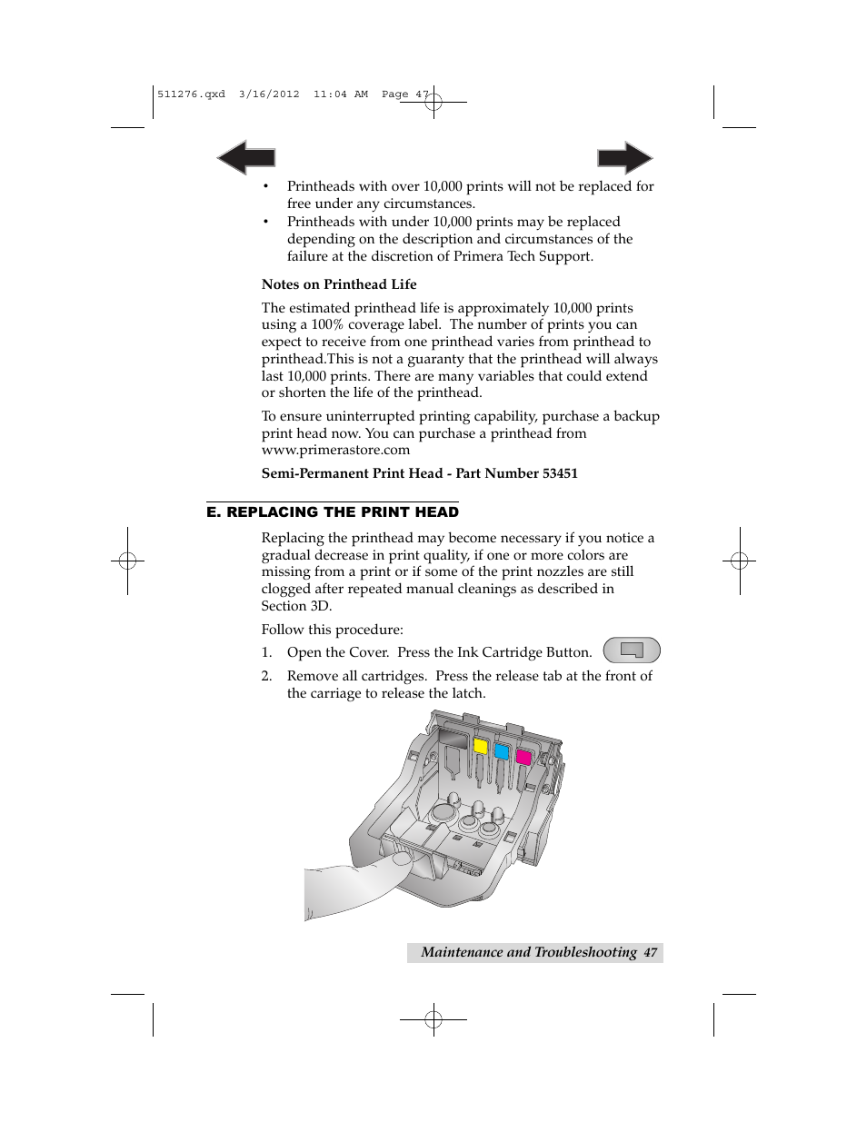 E. replacing the print head | Primera Technology BRAVO 091211-511276 User Manual | Page 51 / 60