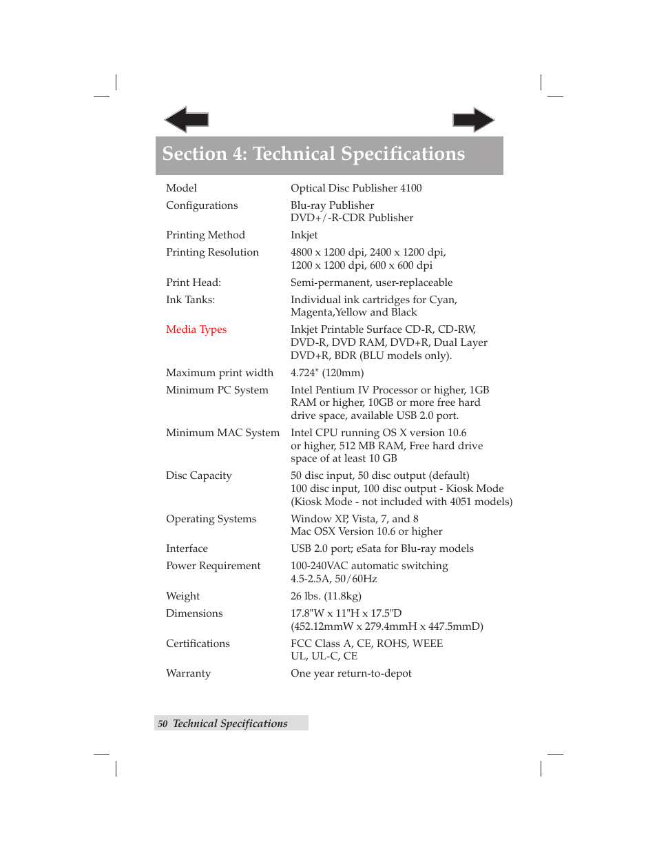 Section 4: technical specifications | Primera Technology BRAVO 091211-511276 User Manual | Page 54 / 60