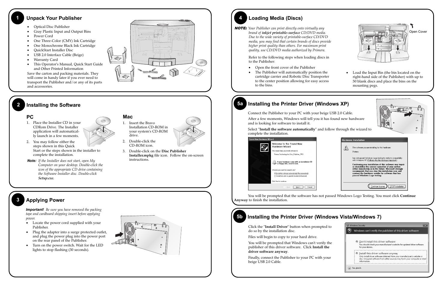 1unpack your publisher, 5a installing the printer driver (windows xp), Applying power | Primera Technology BRAVOPRO XI User Manual | Page 2 / 2