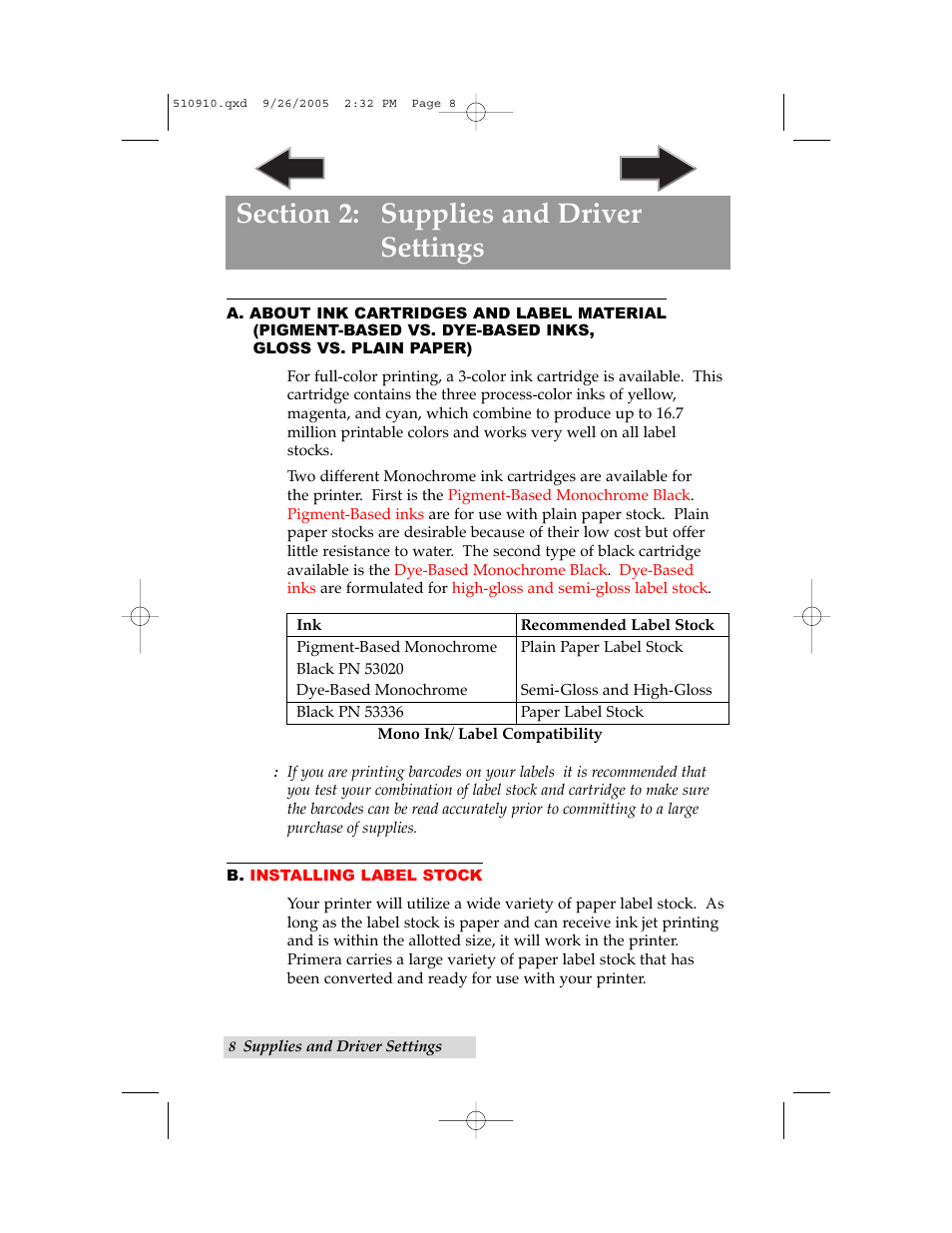 Section 2: supplies and driver settings, A. about ink cartridges and label material, B. installing label stock | Primera Technology LX800 User Manual | Page 12 / 50