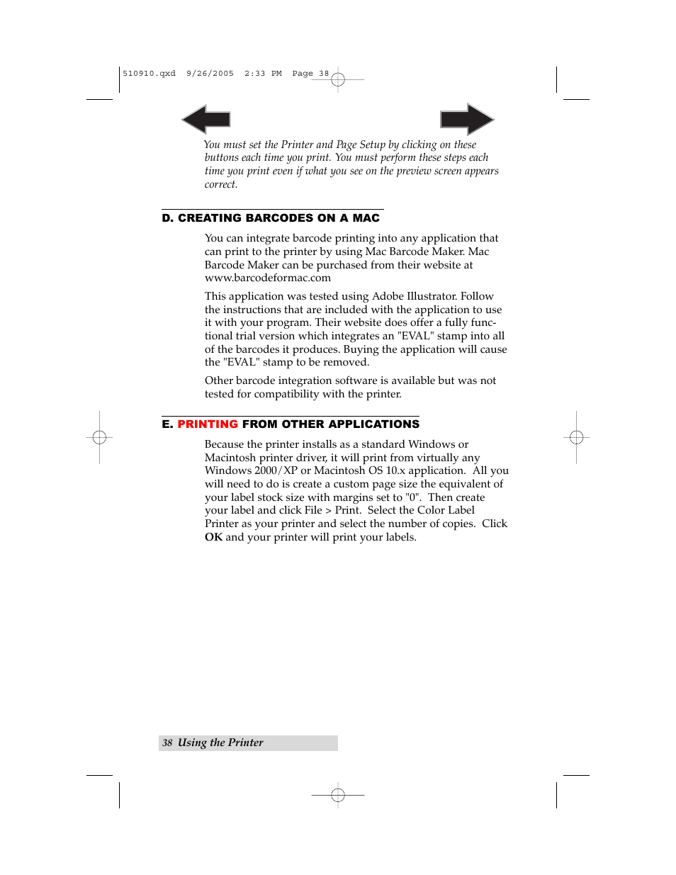 D. creating barcodes on a mac, E. printing from other applications | Primera Technology LX800 User Manual | Page 42 / 50