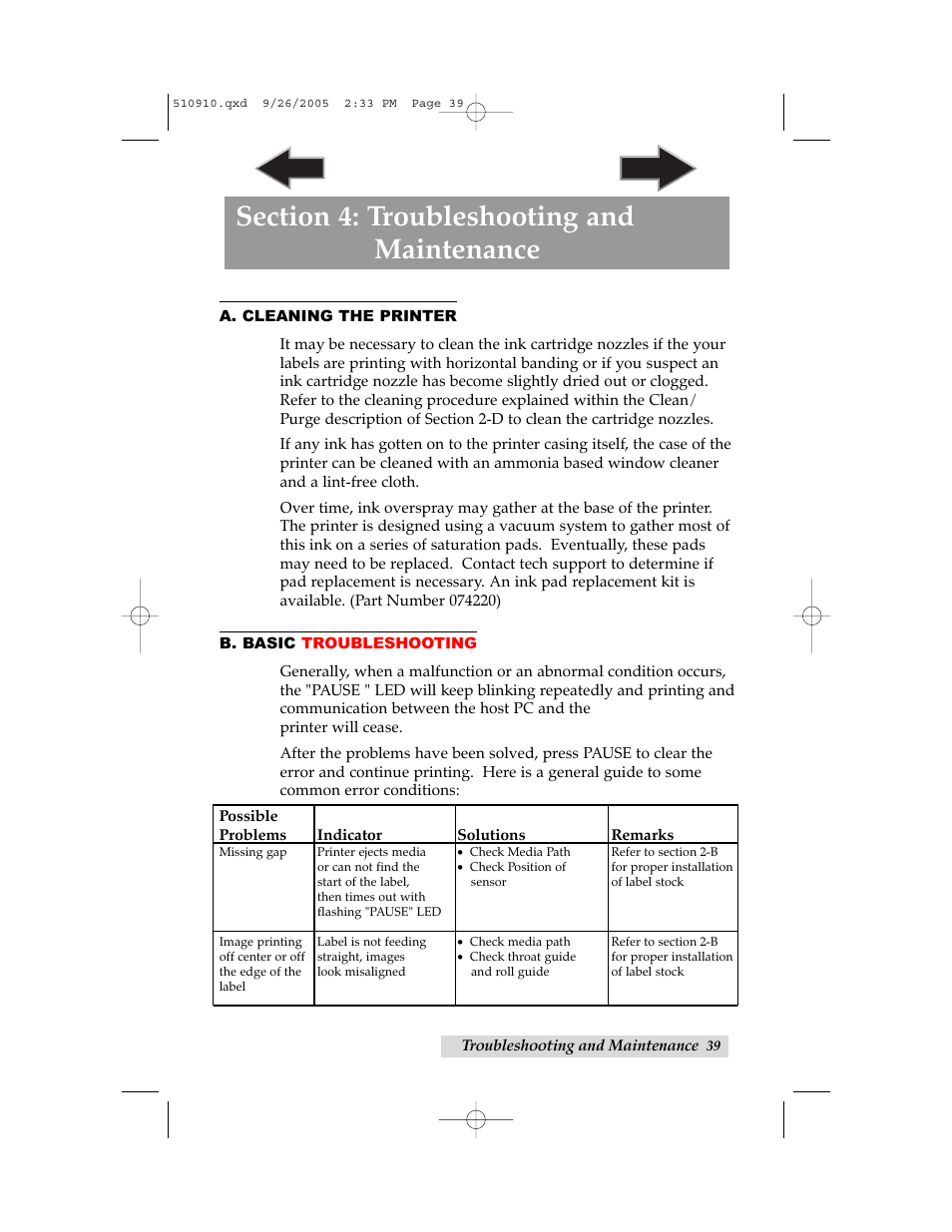 Section 4: troubleshooting and maintenance, A. cleaning the printer, B. basic troubleshooting | Index | Primera Technology LX800 User Manual | Page 43 / 50
