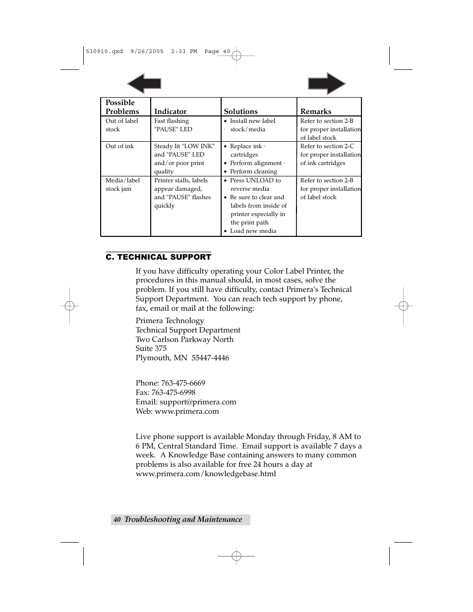 C. technical support, Index | Primera Technology LX800 User Manual | Page 44 / 50