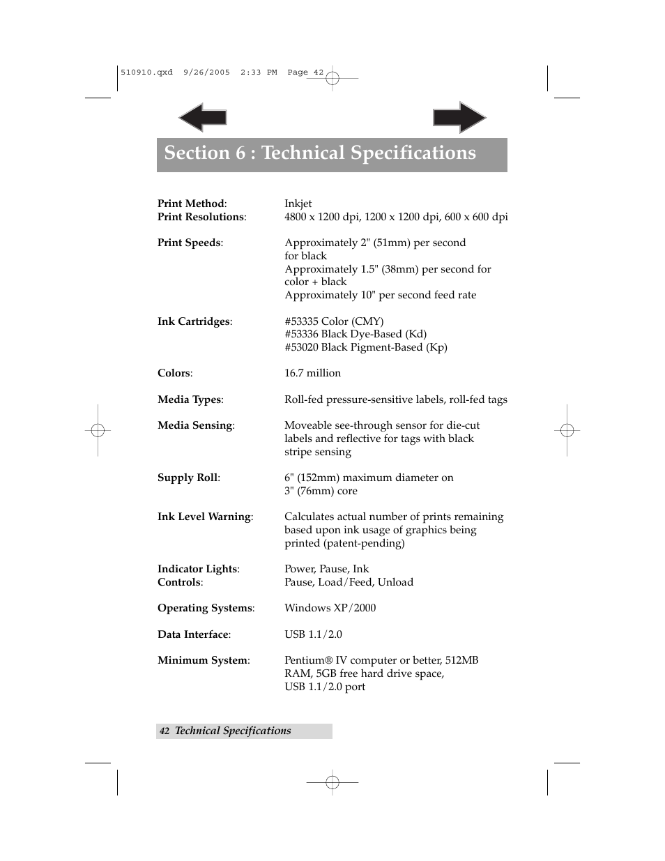 Section 6: technical specifications | Primera Technology LX800 User Manual | Page 46 / 50