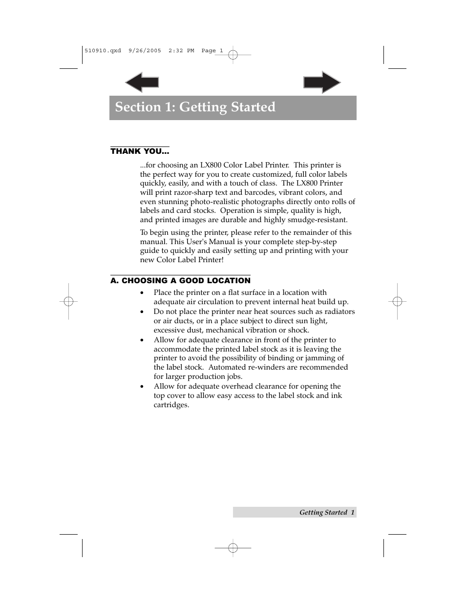 Section 1: getting started, A. choosing a good location | Primera Technology LX800 User Manual | Page 5 / 50