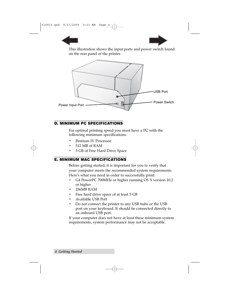 D. minimum pc specifications, E. minimum mac specifications | Primera Technology LX800 User Manual | Page 8 / 50