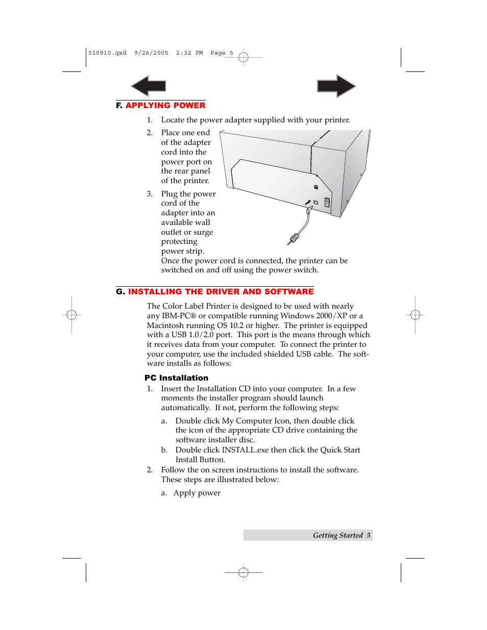 F. applying power, G. installing the driver and software | Primera Technology LX800 User Manual | Page 9 / 50