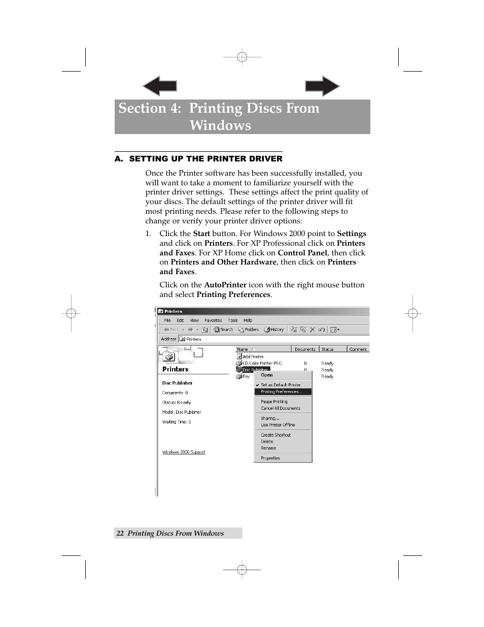 Section 4: printing discs from windows, A. setting up the printer driver, Section 5: printing discs from macintosh | Primera Technology BravoPro Automated Optical Disc Printing System User Manual | Page 26 / 48