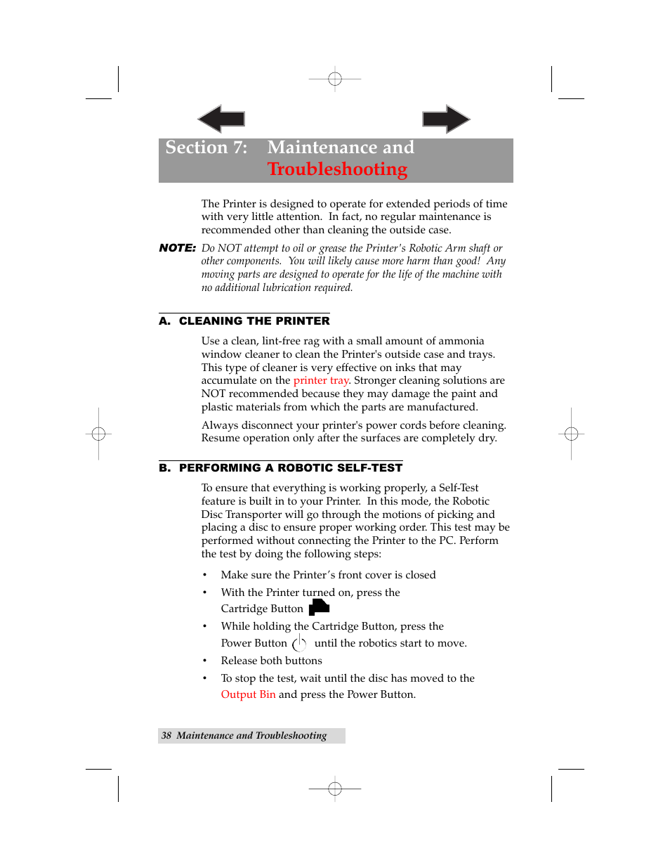 Section 7: maintenance and troubleshooting, A. cleaning the printer, B. performing a robotic self-test | Primera Technology BravoPro Automated Optical Disc Printing System User Manual | Page 42 / 48