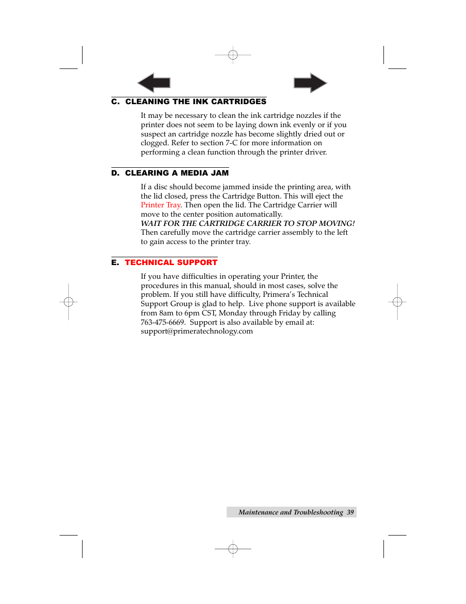 C. cleaning the ink cartridges, D. clearing a media jam, E. technical support | Primera Technology BravoPro Automated Optical Disc Printing System User Manual | Page 43 / 48