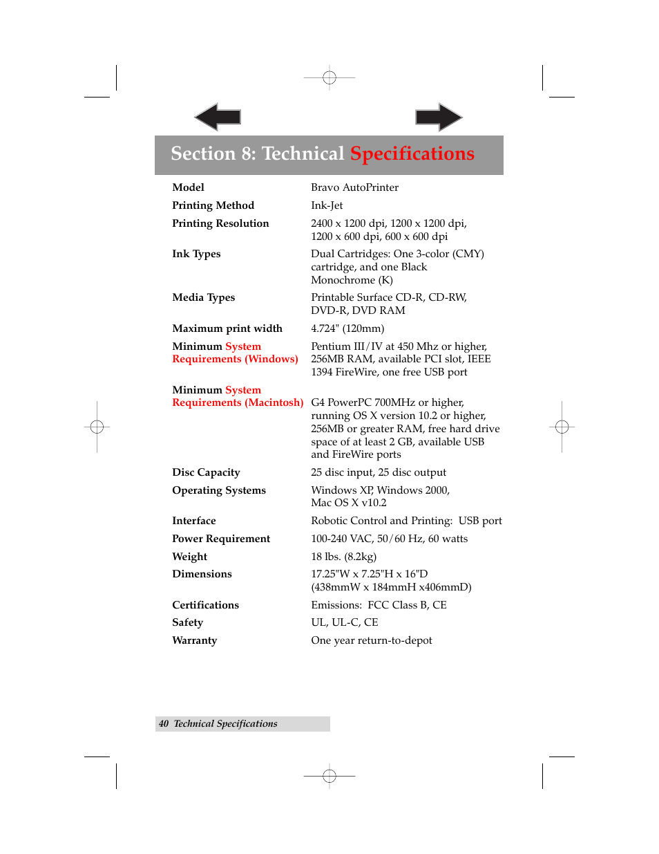 Section 8: technical specifications | Primera Technology BravoPro Automated Optical Disc Printing System User Manual | Page 44 / 48