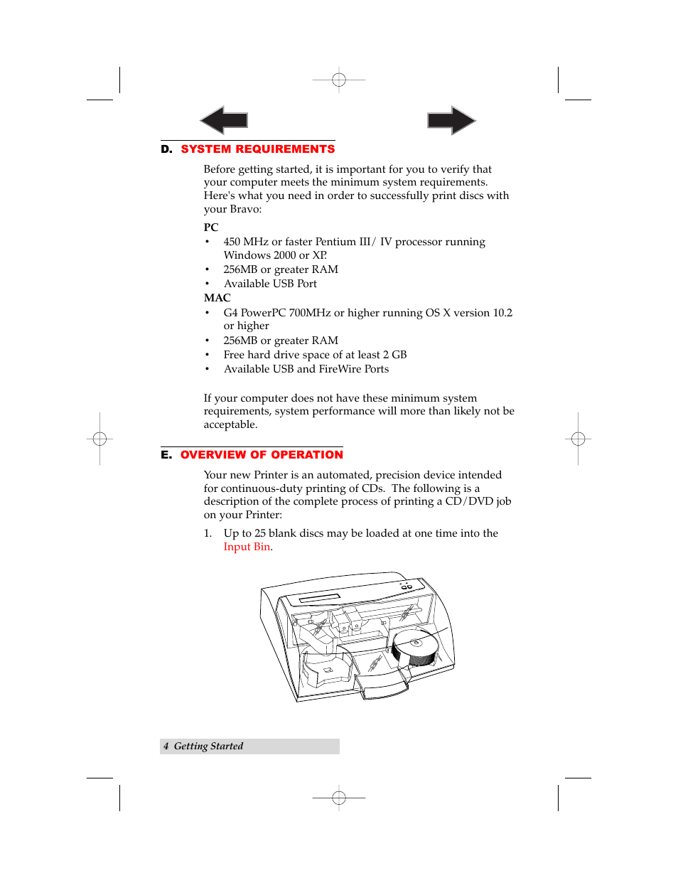 D. system requirements, E. overview of operation | Primera Technology BravoPro Automated Optical Disc Printing System User Manual | Page 8 / 48