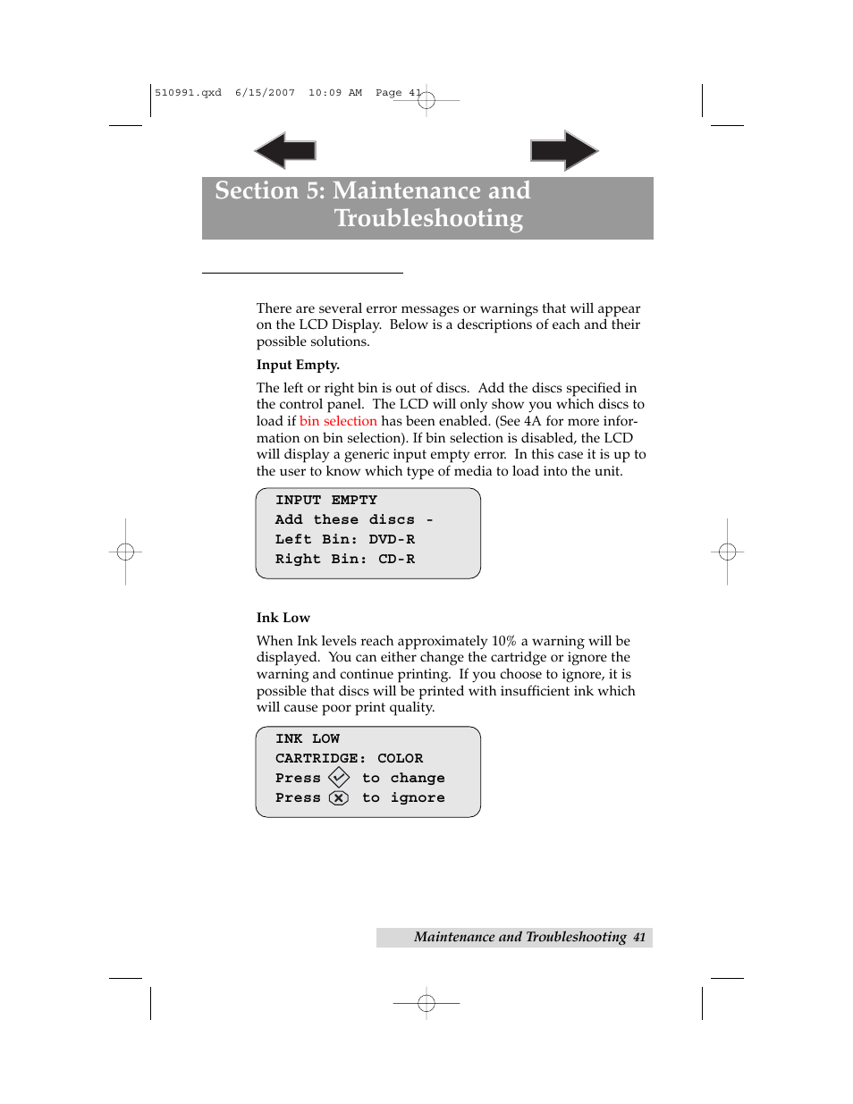 Section 5: maintenance and troubleshooting, A. lcd error messages | Primera Technology Network Disc Duplication & Printing System User Manual | Page 45 / 50