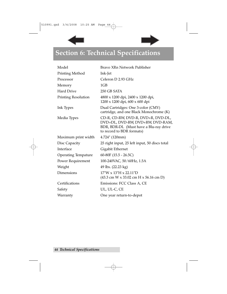 Section 6: technical specifications | Primera Technology Network Disc Duplication & Printing System User Manual | Page 48 / 50