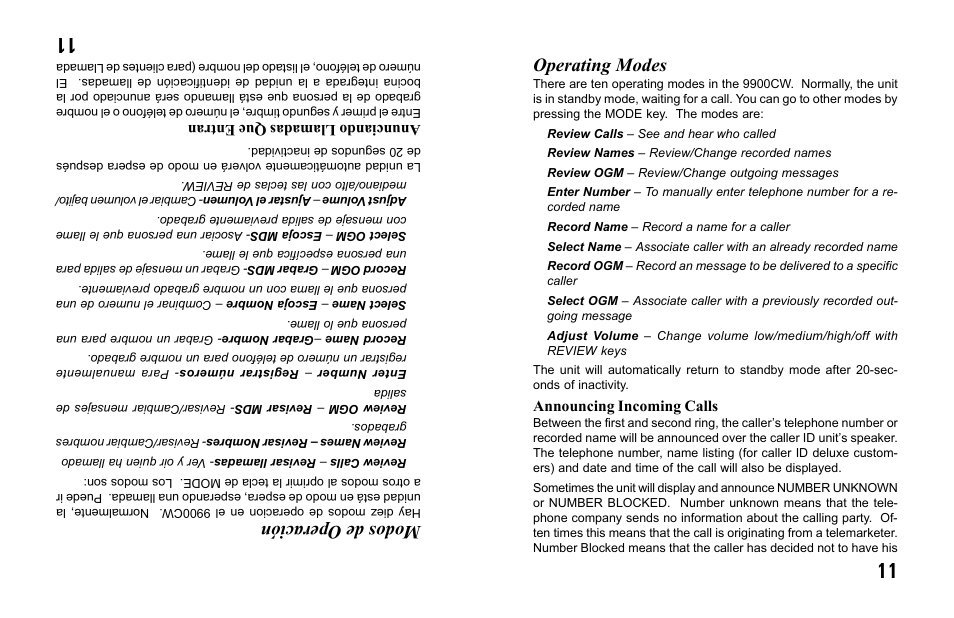 Operating modes, Modos de operación | Primera Technology 9900CW User Manual | Page 11 / 24