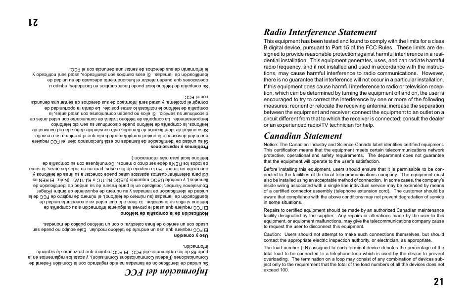 Radio interference statement, Canadian statement, Información del fcc | Primera Technology 9900CW User Manual | Page 21 / 24