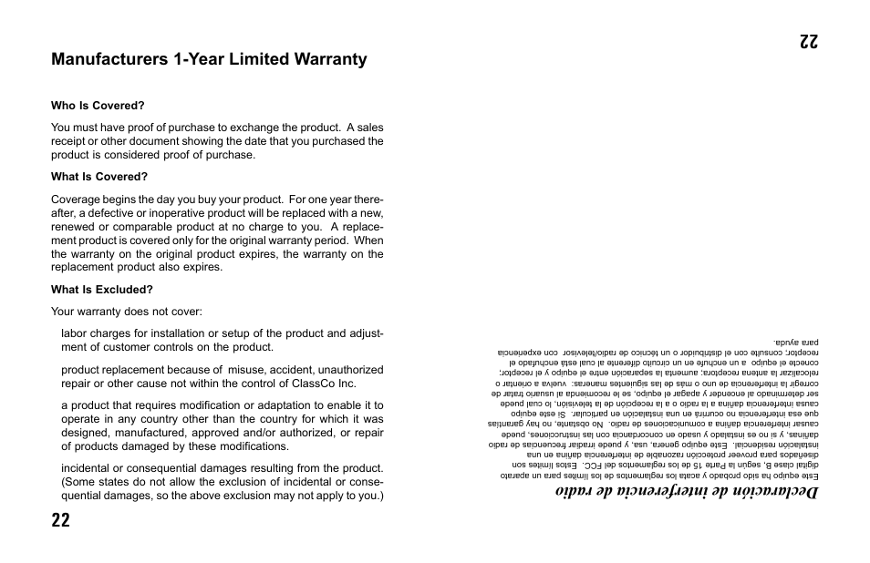 Manufacturers 1-year limited warranty, Declaración de interferencia de radio | Primera Technology 9900CW User Manual | Page 22 / 24