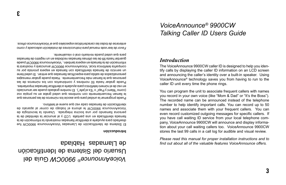 Voiceannounce, 9900cw talking caller id users guide, 3voiceannounce | Introduction | Primera Technology 9900CW User Manual | Page 3 / 24