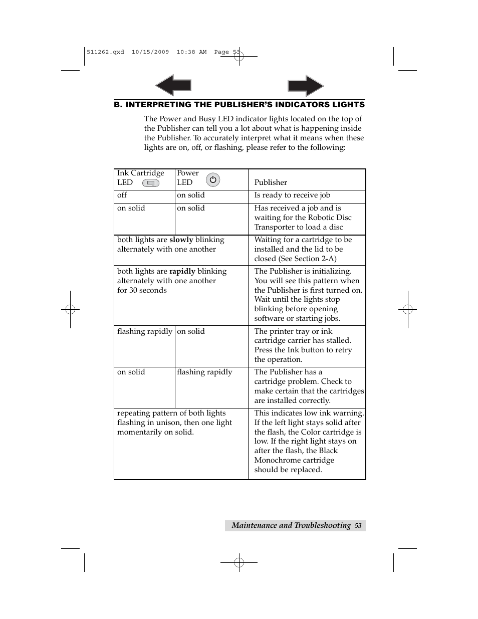B. interpreting the publisher’s indicator lights | Primera Technology BRAVOPRO XI 032910-511262 User Manual | Page 57 / 64
