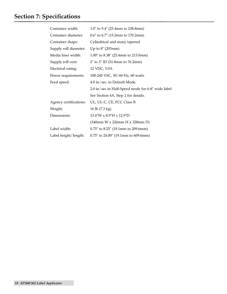 Specifications | Primera Technology AP362 User Manual | Page 18 / 20