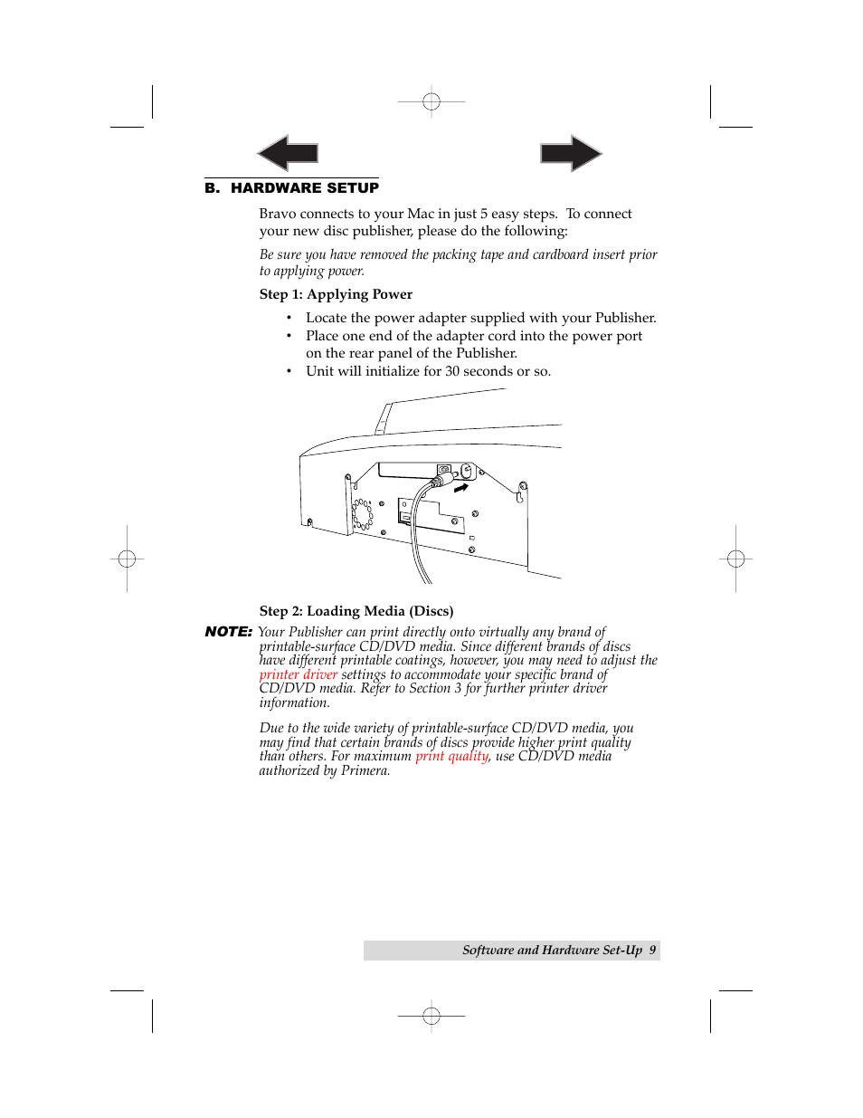 B. hardware setup, Step 1: applying power, Step 2: loading media | Primera Technology III User Manual | Page 13 / 44