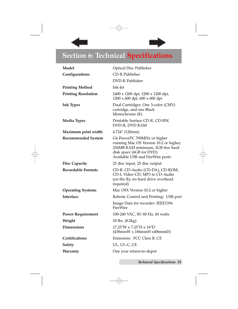 Section 6: technical specifications | Primera Technology III User Manual | Page 39 / 44