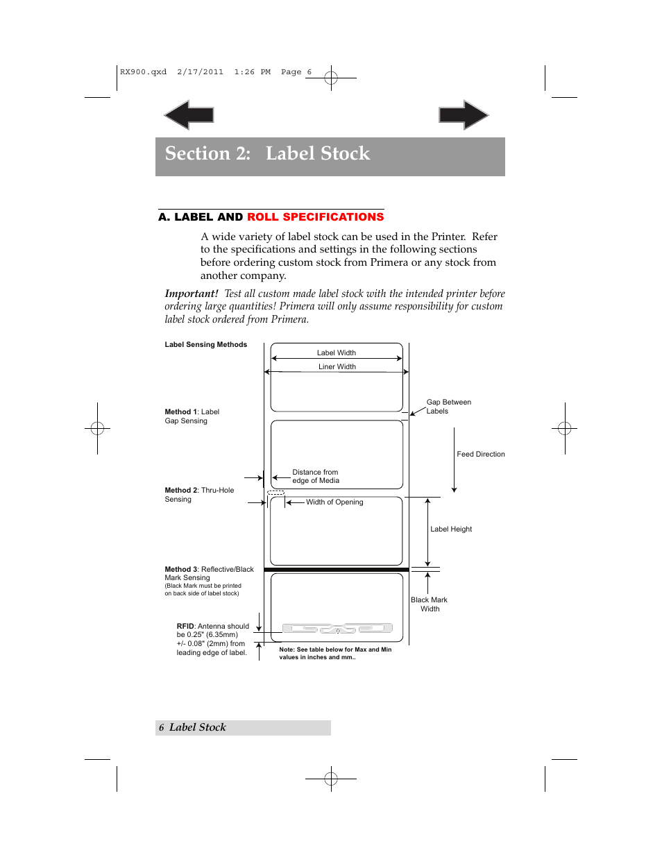 Section 2: label stock, A. label and roll specifications, Toc index | Primera Technology RX900 User Manual | Page 10 / 68