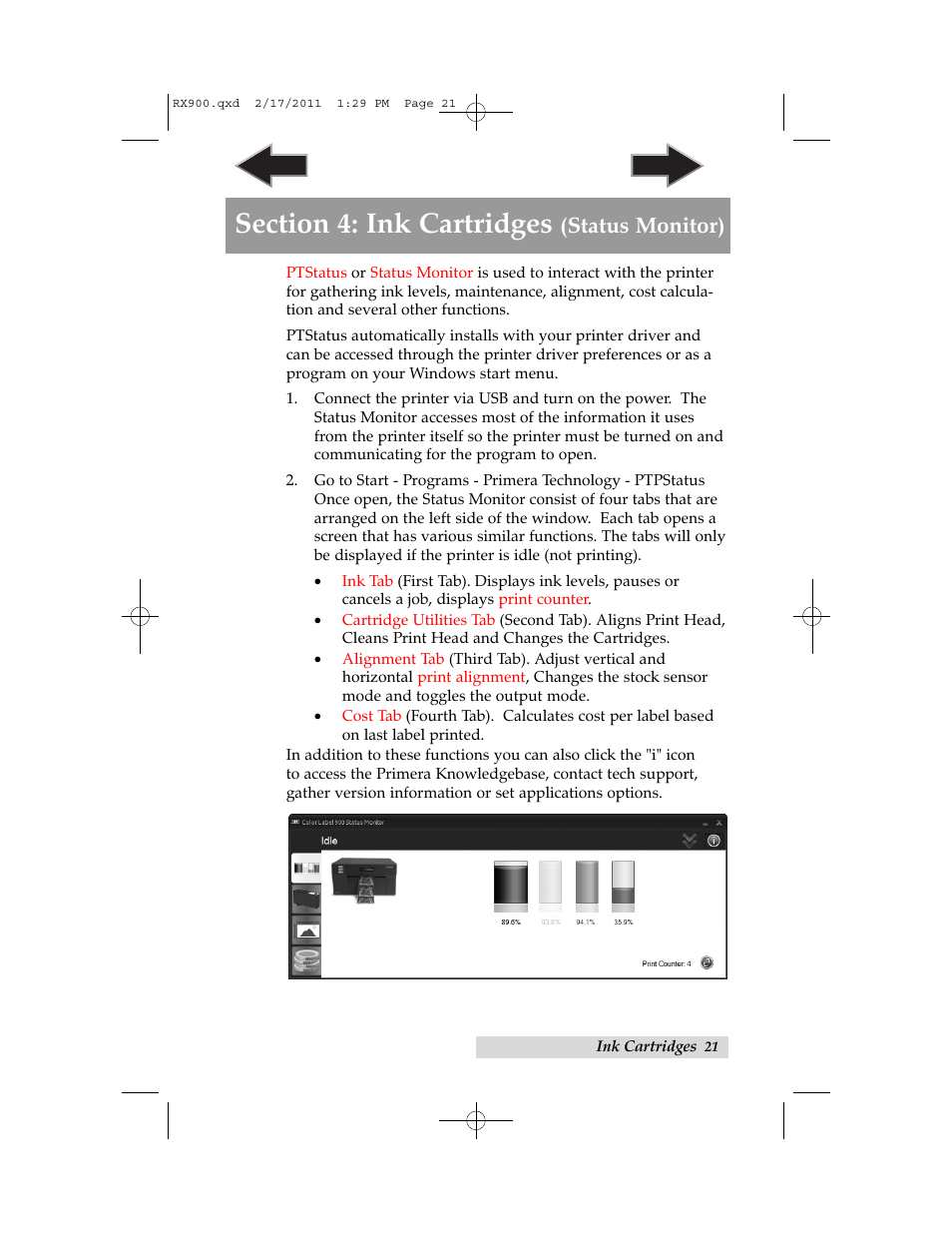 Section 4: ink cartridges (status monitor), Status monitor) | Primera Technology RX900 User Manual | Page 25 / 68