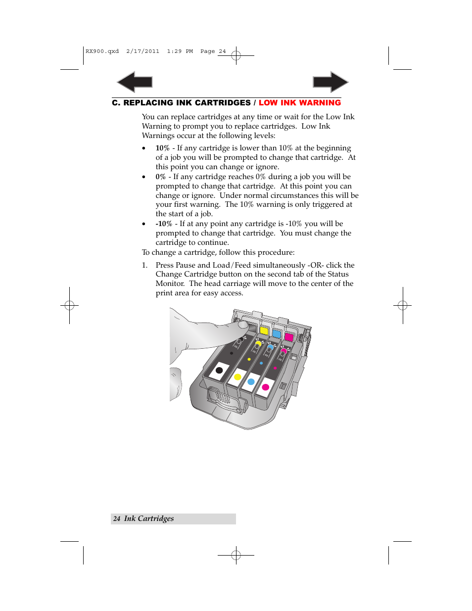 C. replacing ink cartridges/low ink warning | Primera Technology RX900 User Manual | Page 28 / 68