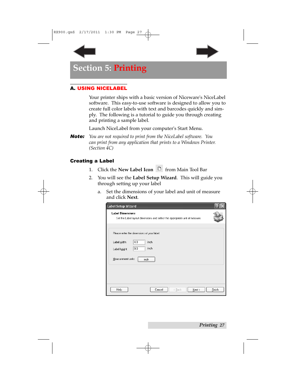 Section 5: printing, A. using nicelabel | Primera Technology RX900 User Manual | Page 31 / 68