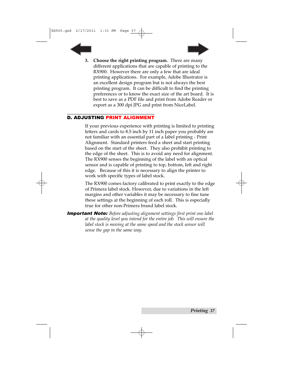 D. adjusting print alignment | Primera Technology RX900 User Manual | Page 41 / 68