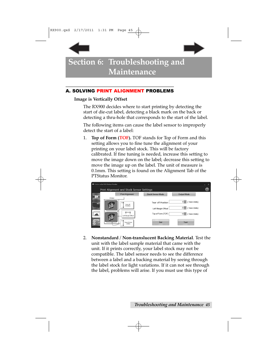 Section 6: troubleshooting and maintenance, A. solving print alignment problems | Primera Technology RX900 User Manual | Page 49 / 68