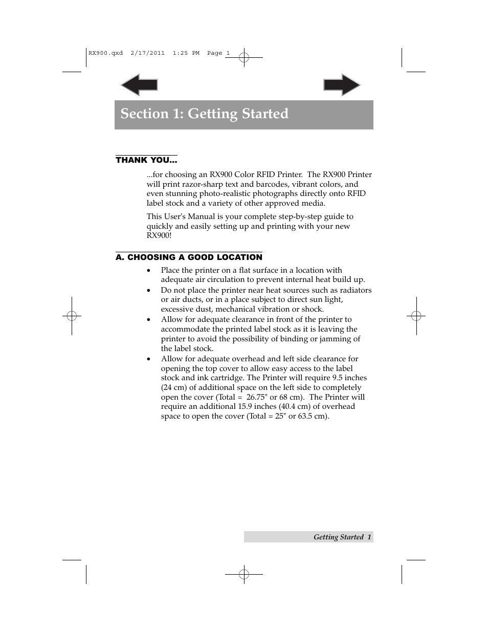 Section 1: getting started, B. unpacking and inspection, A. choosing a good location | Primera Technology RX900 User Manual | Page 5 / 68