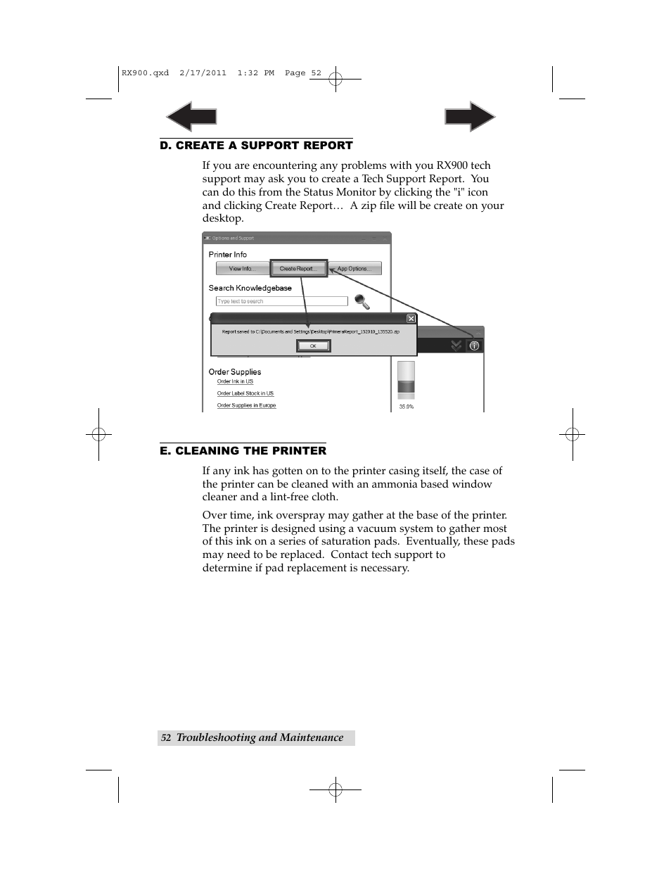 D. create a support report, E. cleaning the printer | Primera Technology RX900 User Manual | Page 56 / 68